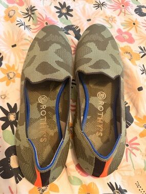 Rothy's Olive Camo Slip-On Flats with Orange Heel Accent